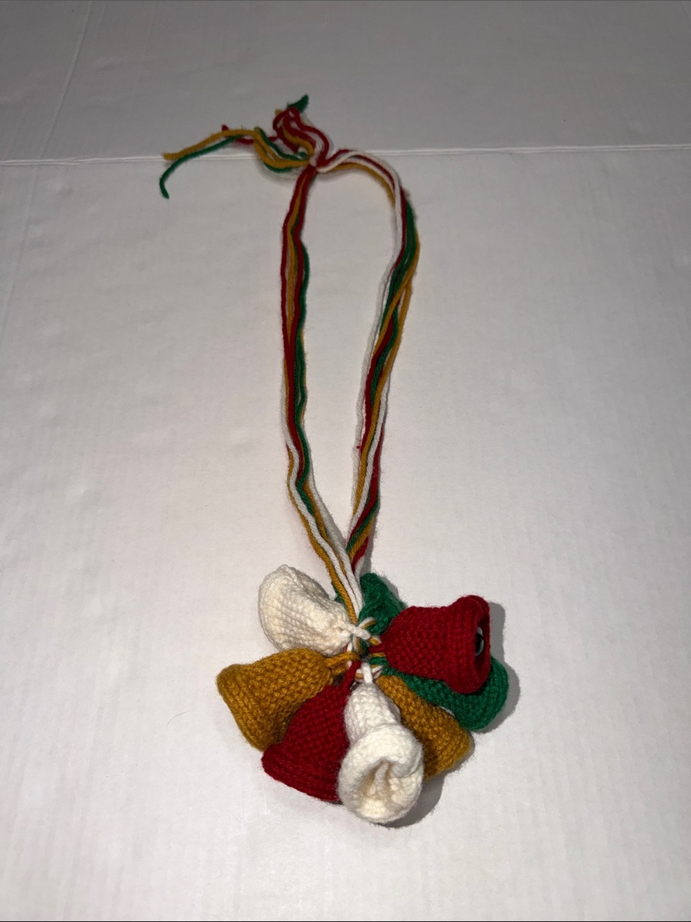 Handmade Knit Jingle Bell Necklace/Hanging Decor with Red, Green, Gold & Cream